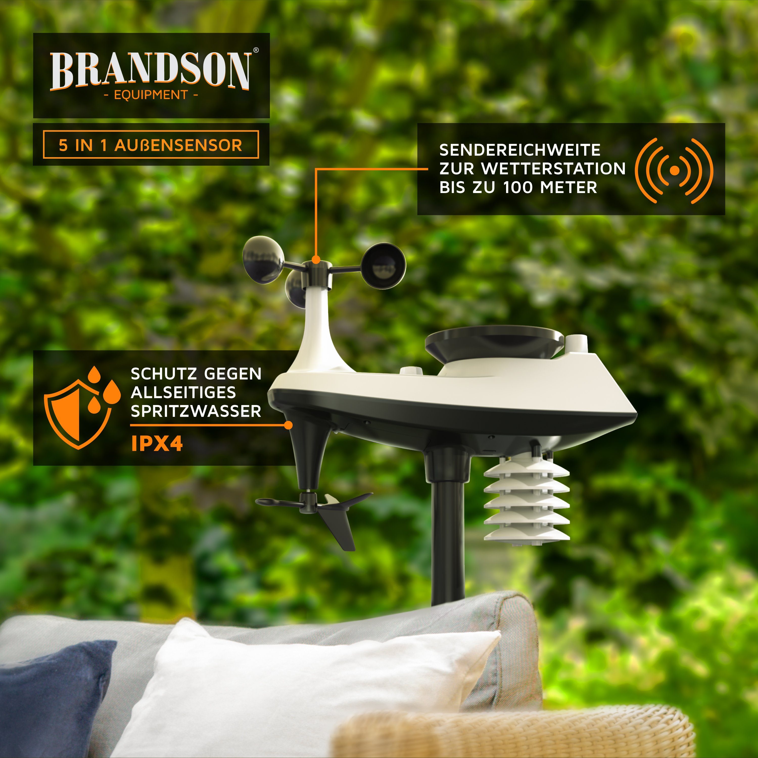 Brandson Außenwetterstation (mit Außensensor, Funk mit 5 in 1 Außensensor, Farbdisplay, DCF, Thermometer, Hygrometer)
