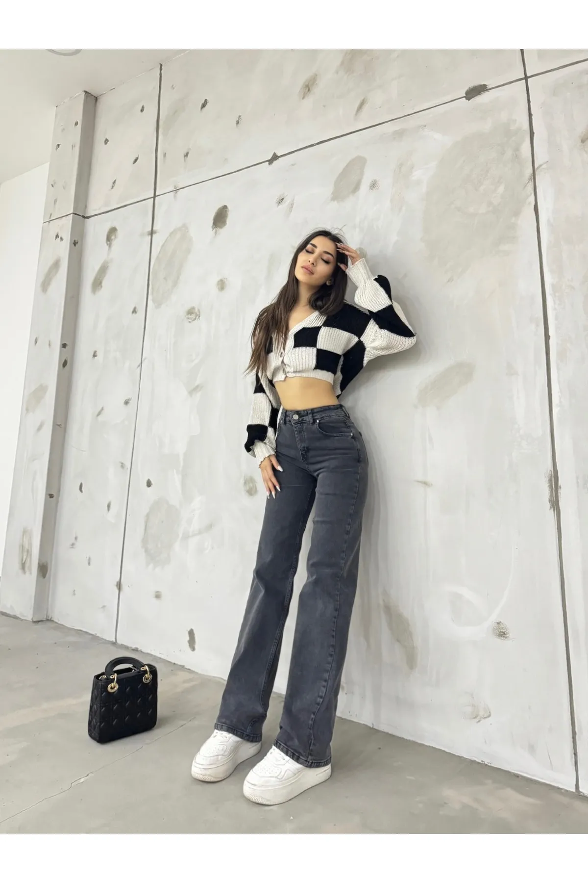 BİKELİFE  Graue Damen-Palazzo-Jeans mit hoher Taille und weitem Bein, locker und lässig