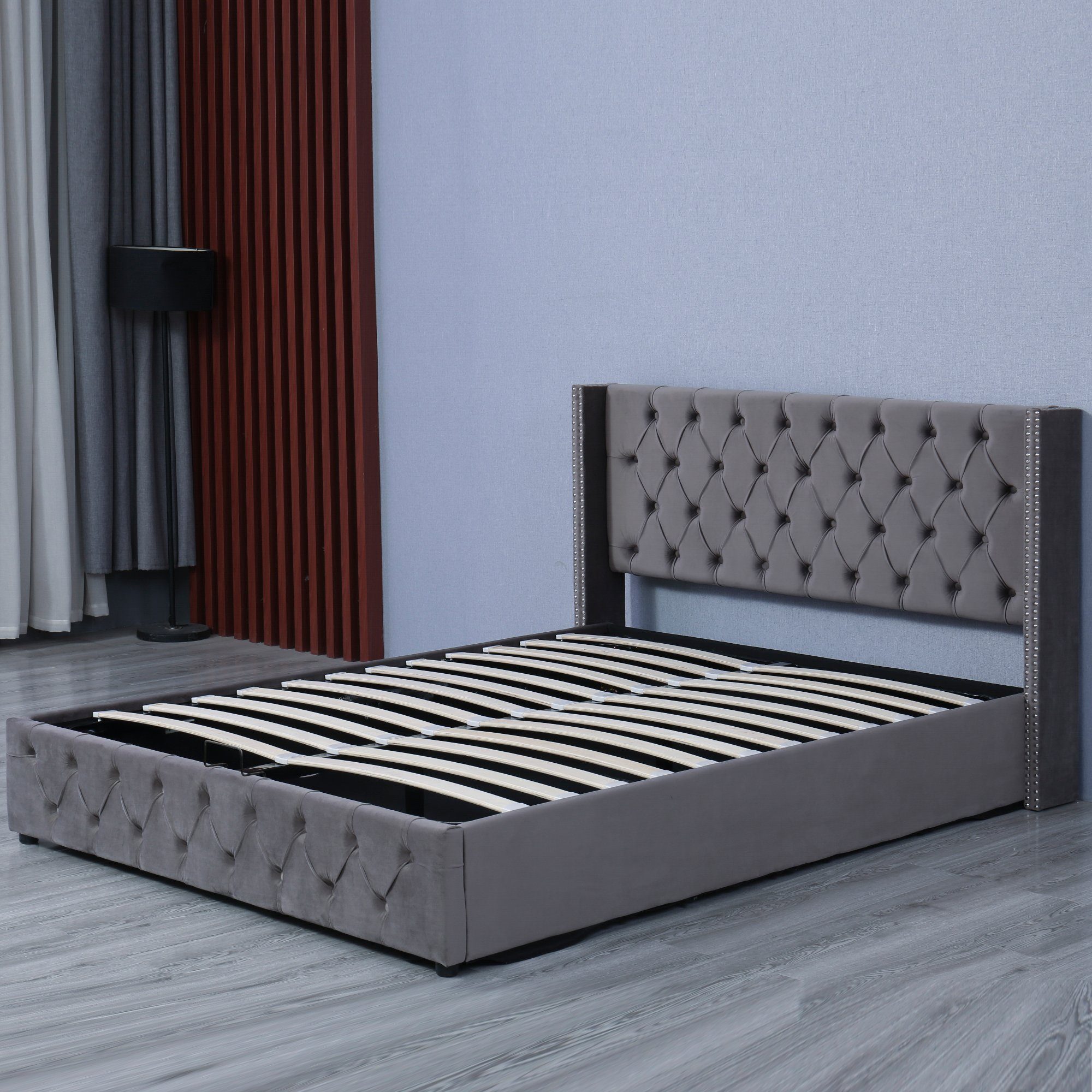 REDOM Polsterbett Doppelbett Stauraumbett (Ohrenform Doppelte Nietenreihe Flanell, Knopfnähte Kopf-und Fußende, Bettunterseite ist mit schmutzabweisenden schwarzen Vliesstoff, Grau), 140x200cm ohne Matratze
