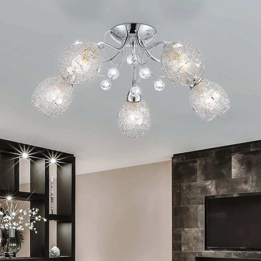 etc-shop LED Kugelleuchte, Leuchtmittel nicht inklusive, Deckenleuchte Kristall Deckenlampe Beleuchtung Chromgeflecht Licht