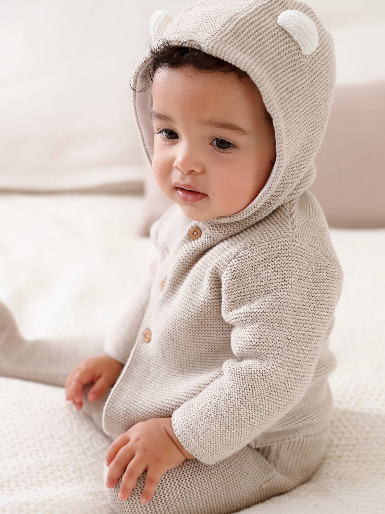 Ensemble naissance 3 pièces en point mousse beige chiné