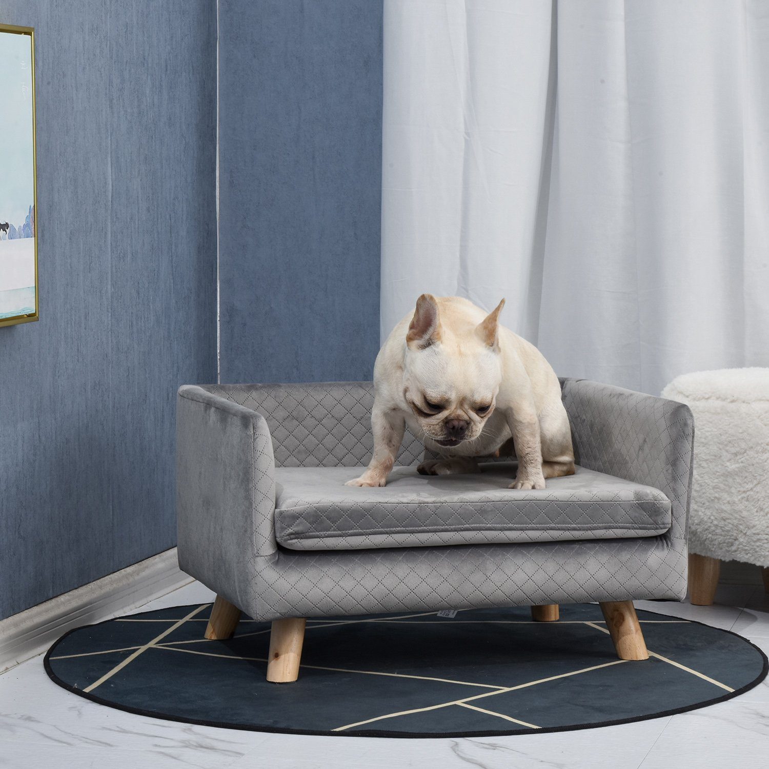 PawHut Tierbett Hundesofa mit Holzbeinen Hundebett für kleine Hunde bis zu 8 kg, Grau, samtartiges Polyester, 64B x 45T x 36H cm