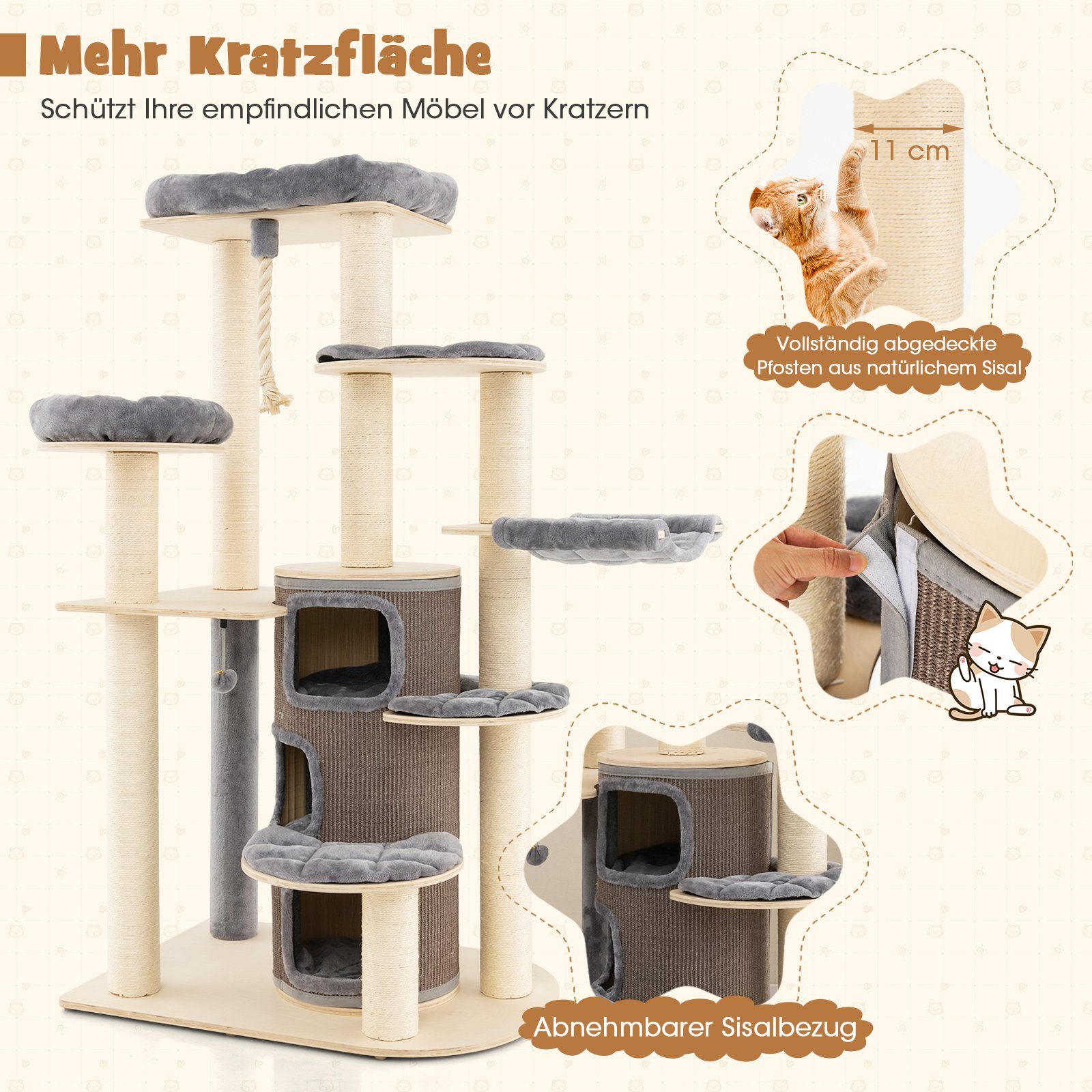 COSTWAY Kratzbaum Katzenbaum, 173cm deckenhoch, mit 3 Katzenhöhle