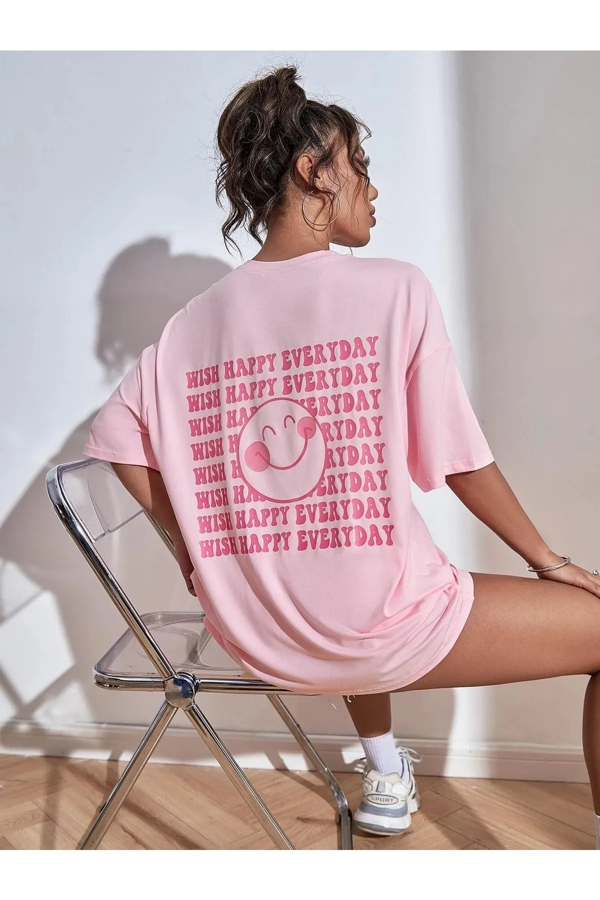 Know  Rosafarbenes, bedrucktes Oversize-T-Shirt „Wish Happy Everyday“ für Damen