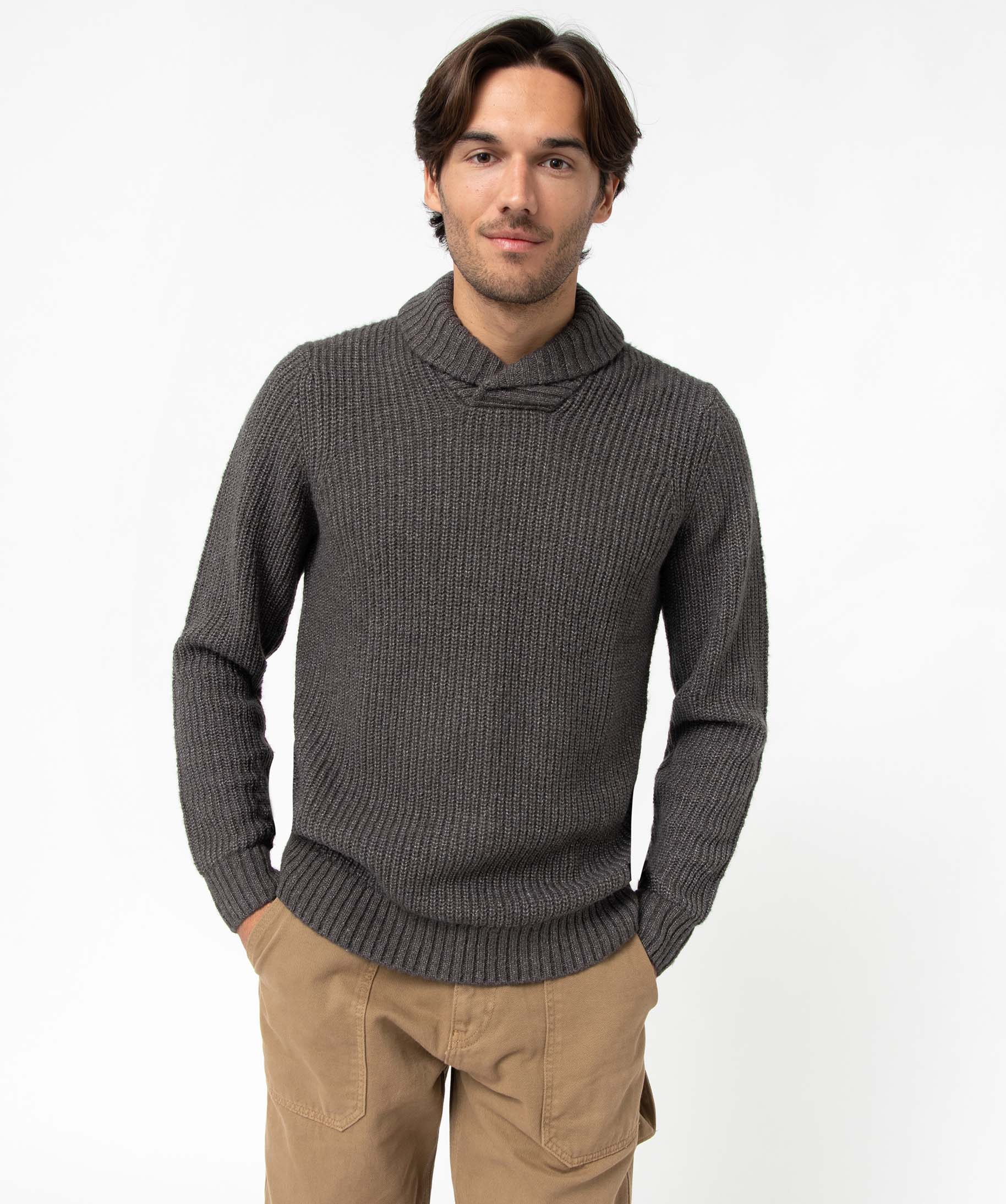 Pull homme à col chale contenant de la laine gris fonce | GEMO