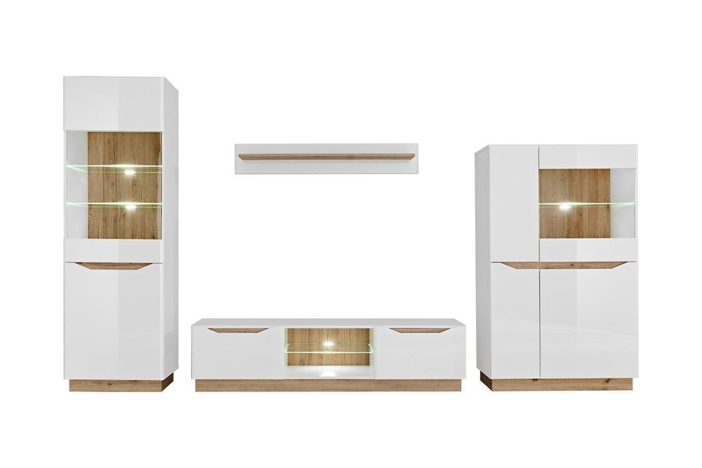 Stylefy Wohnwand Calgary Weiß, Weiß Hochglanz, (Wohnmöbel, Wohnzimmer-Set, Set (4-St), bestehend aus 2xStandvitrine, 1xLowboard, 1xWandboard, inkl. LED-Beleuchtung, mit Glaseinsatz,variabel stellbar und hängbar