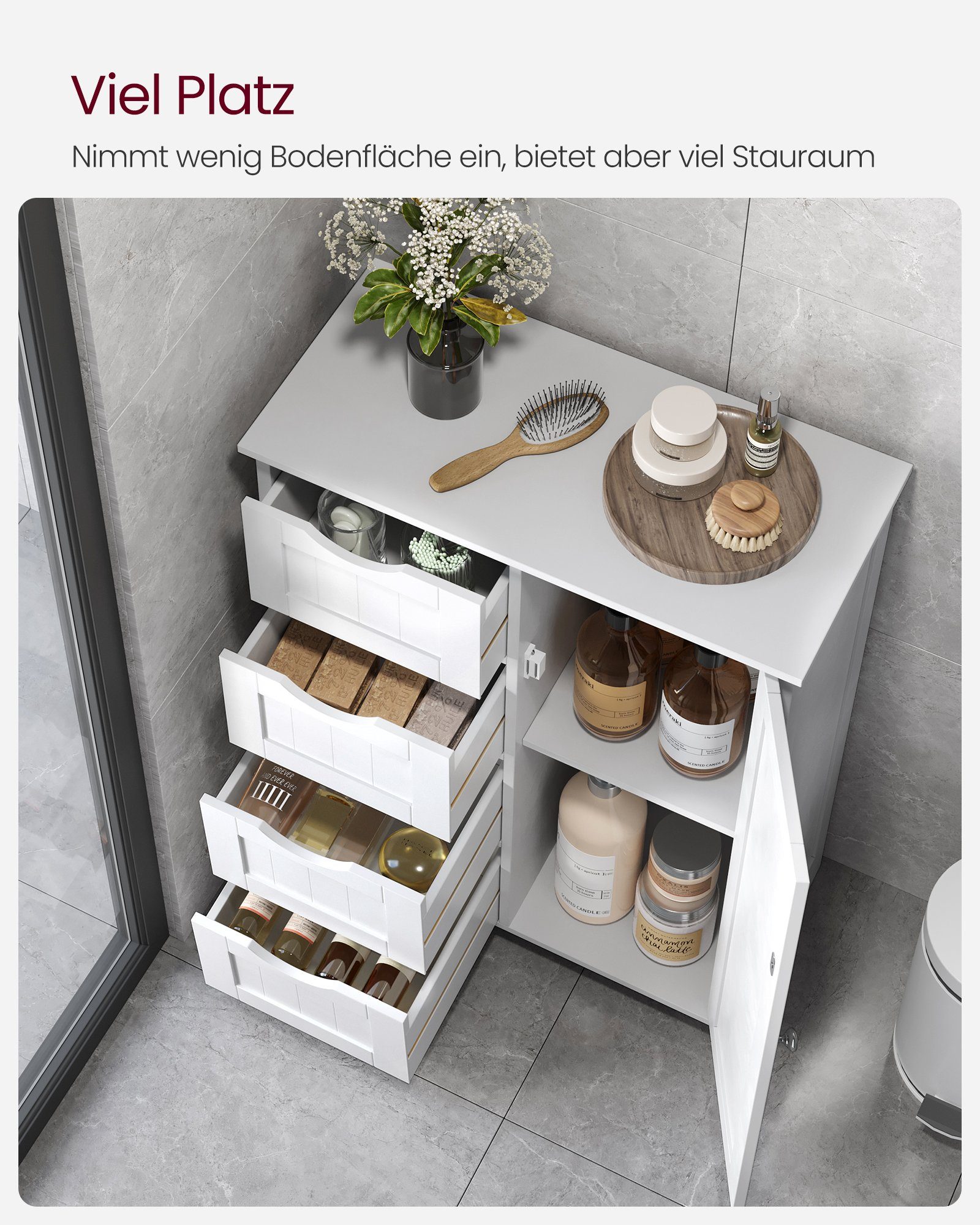 VASAGLE Badmöbel-Set Badezimmerschrank, 4 Schubladen, verstellbare Ablage