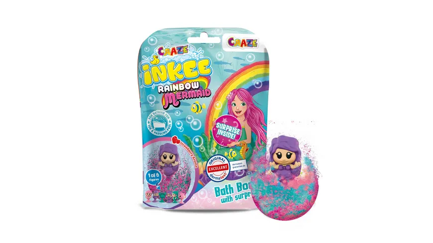 CRAZE - INKEE Mermaid Badekugel mit Erdbeerduft - mit Überraschung (1 von 6 Saugnapf-Figuren) 80 g