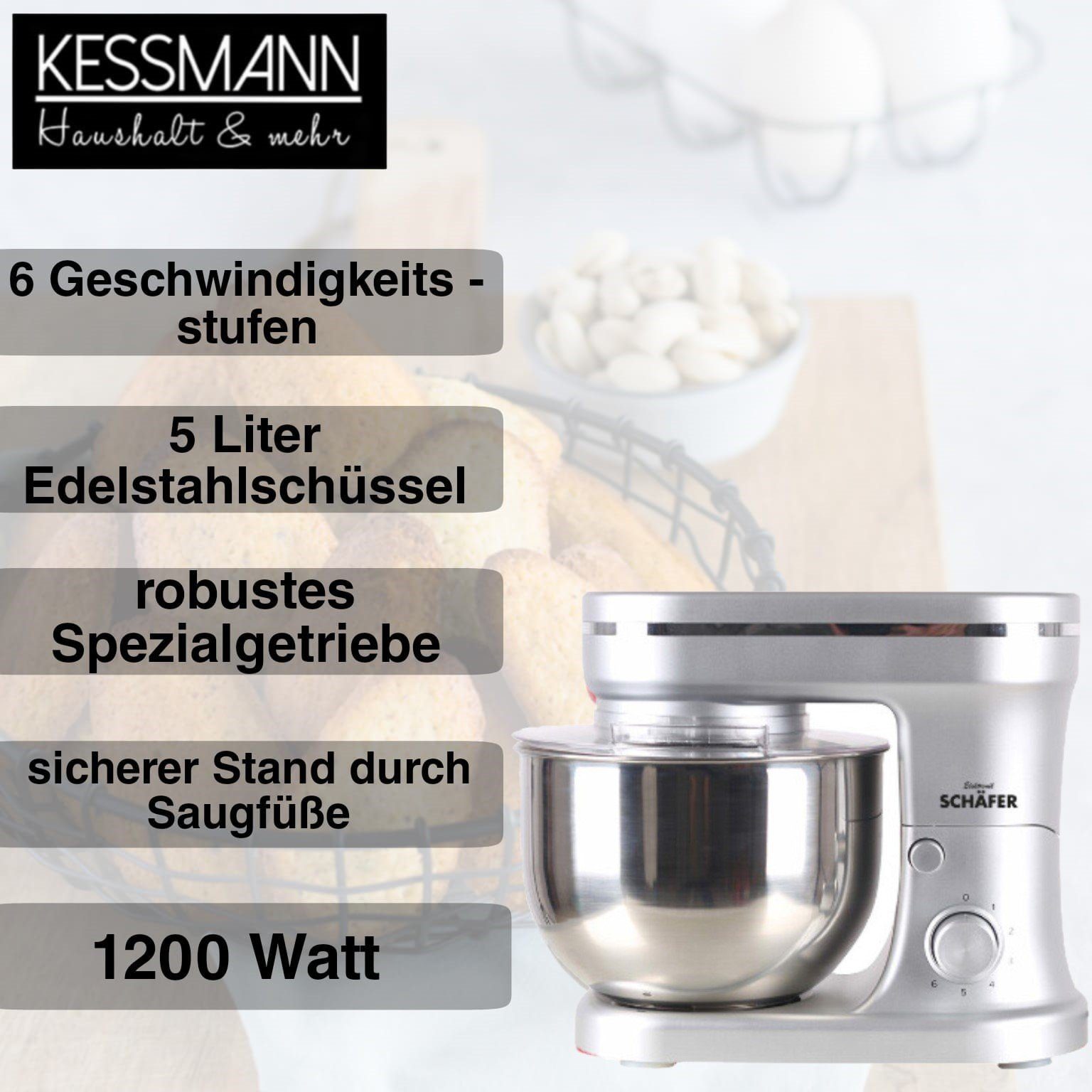KESSMANN Schäfer Küchenmaschine 6 Stufen Edelstahl Schüssel Knetmaschine Rührgeräte & Mixer Küche, 1200 W, 5,00 l Schüssel, Inkl. 6 Zubehör Maschine für Teig Rührmaschine Knethaken Rührhaken