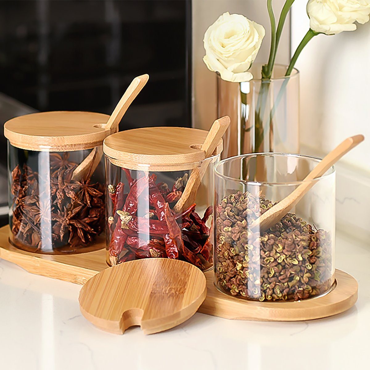 7Magic Gewürzbehälter 250ml/300ml Vorratsdosen, Vorratsglas, mit Bambusdeckel und Holzlöffel 3er Set Vorratsgläser