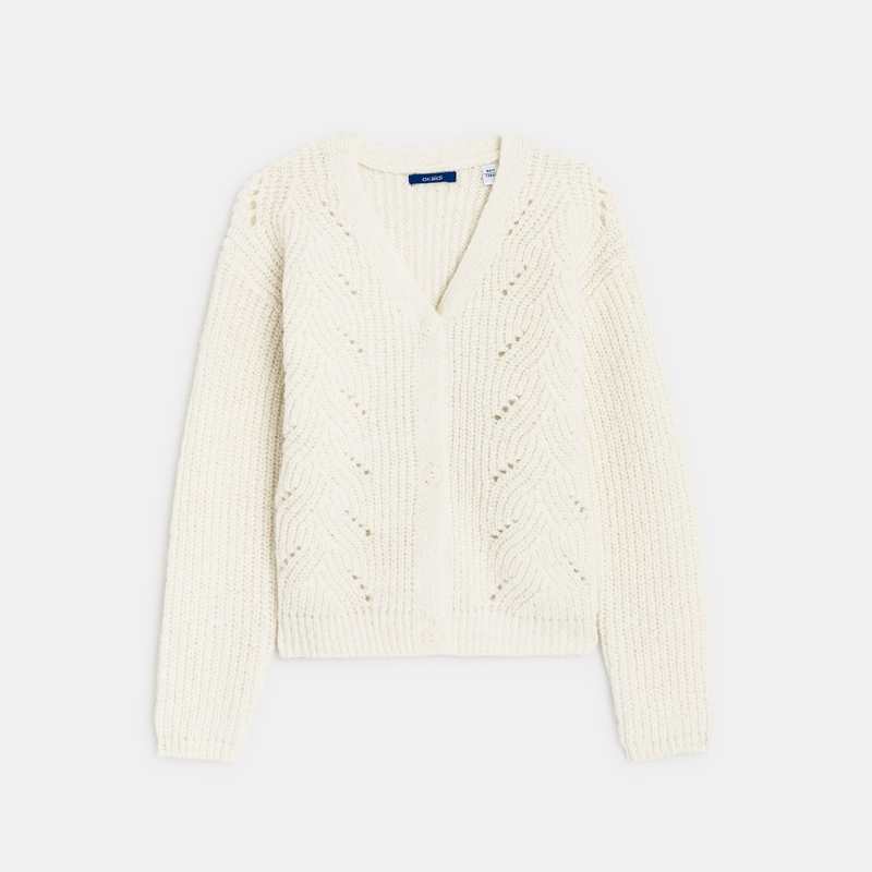 Gilet torsadé col V blanc fille