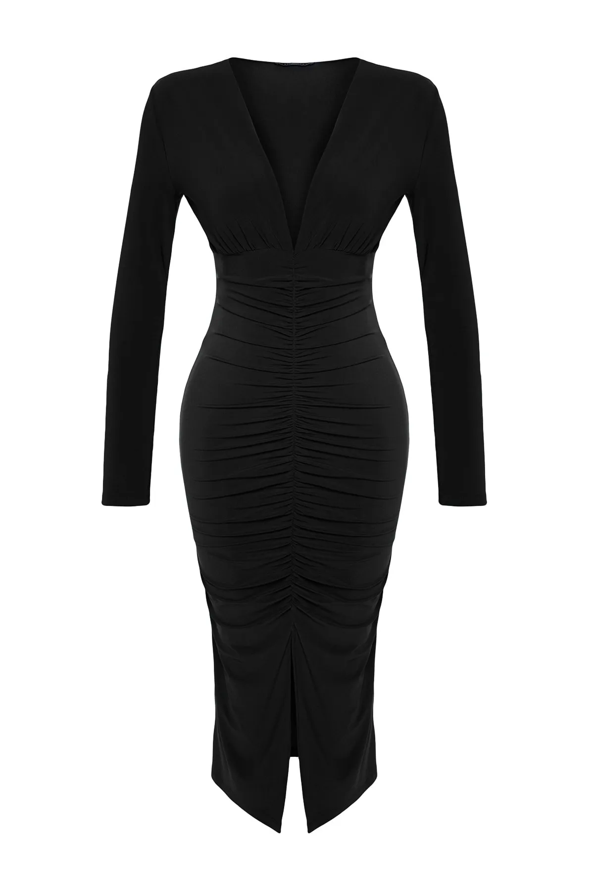 Trendyol Collection  Schwarzes drapiertes V-Ausschnitt tailliertes/tailliertes flexibles Midi-Strick-Bleistiftkleid TWOAW24EL00197