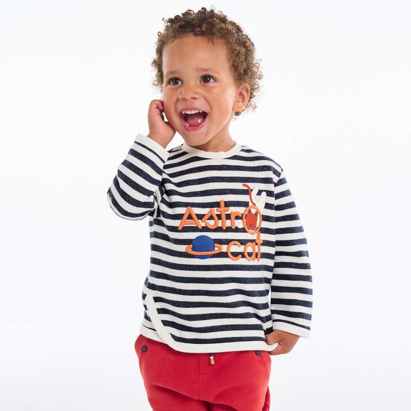 Sweat molleton rayé chat astronaute bleu bébé garçon