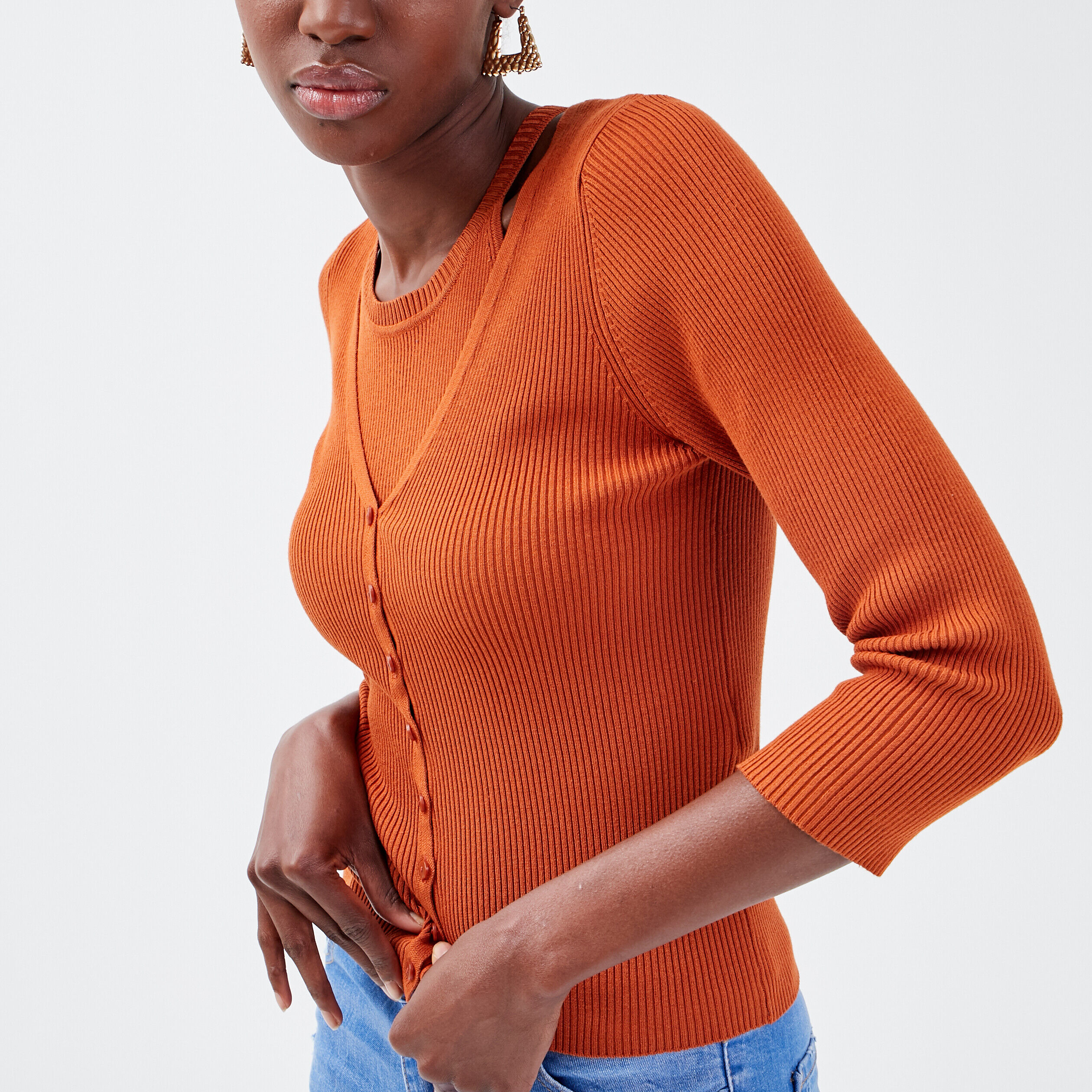 Gilet manches 3/4 boutonné marron cognac femme | Cache Cache