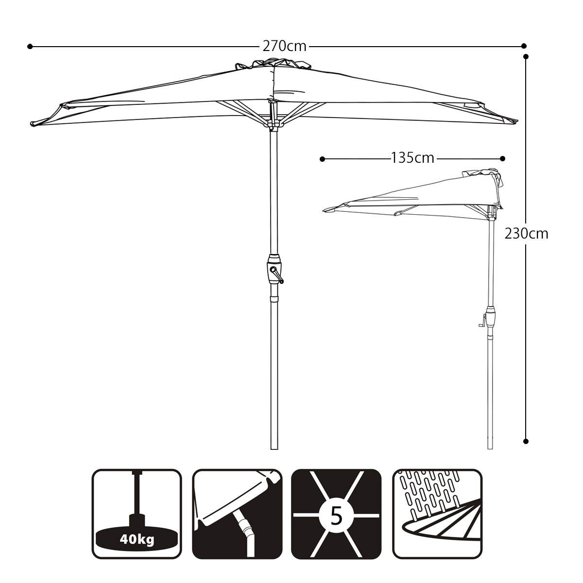 Sekey Balkonschirm 270cm Sonnenschirm Halbrund mit Kurbel, Sonnenschutz 50+