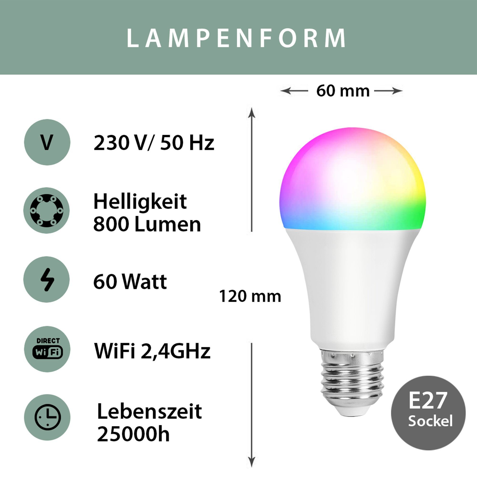 XCOAST LED-Leuchtmittel SMARTE E27 60W Lampe, 2er Pack, 800 Lumen, E27, 2 St., Warmweiß bis Kaltweiß, Bunt, stufenlos einstellbar, SMART HOME LED Lampe, Glühbirne, WLAN, Sprach-/Appsteuerung, dimmbar