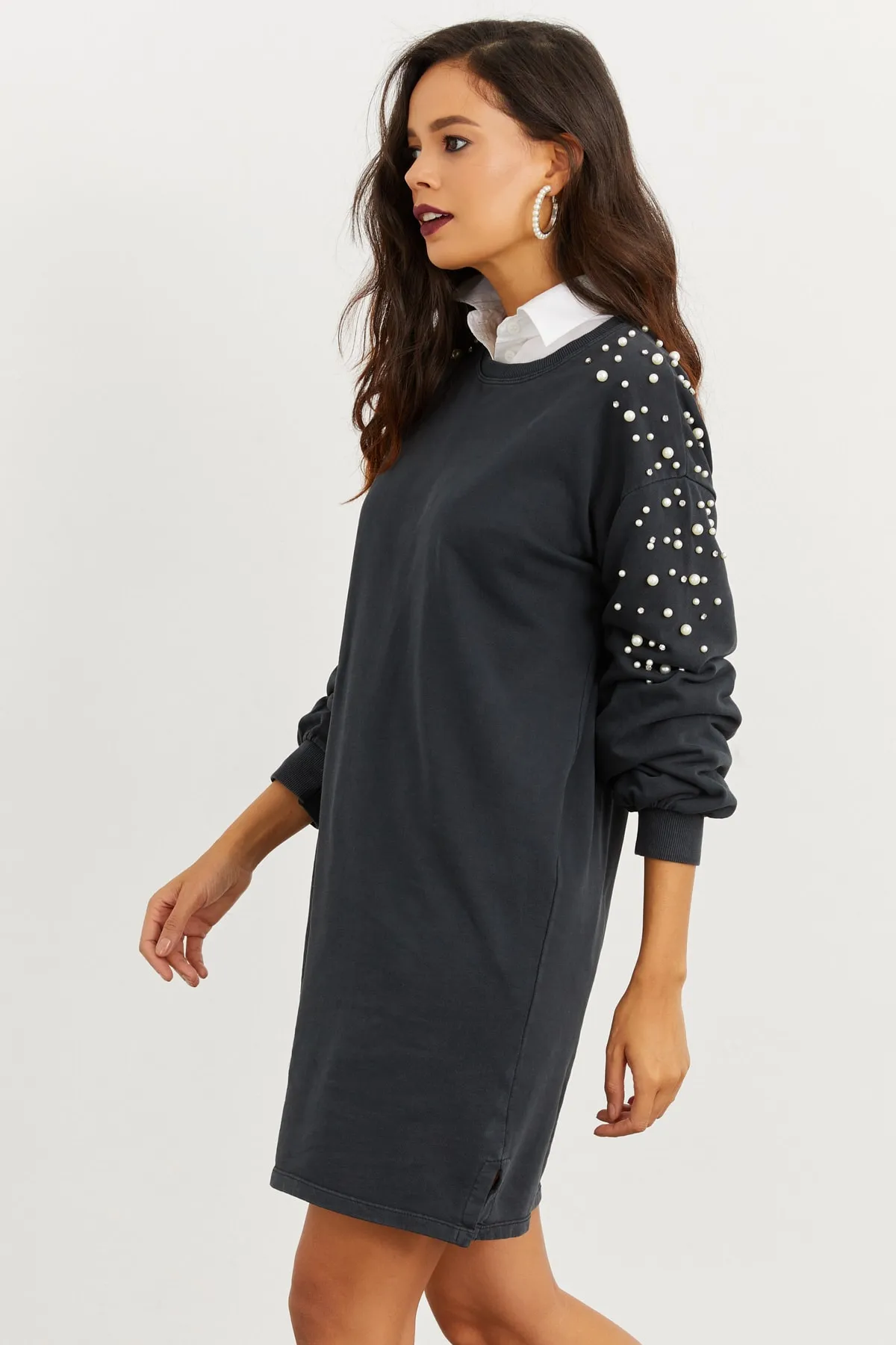 Cool & Sexy  Anthrazitfarbenes Perlen-Sweatkleid für Damen İZ5468