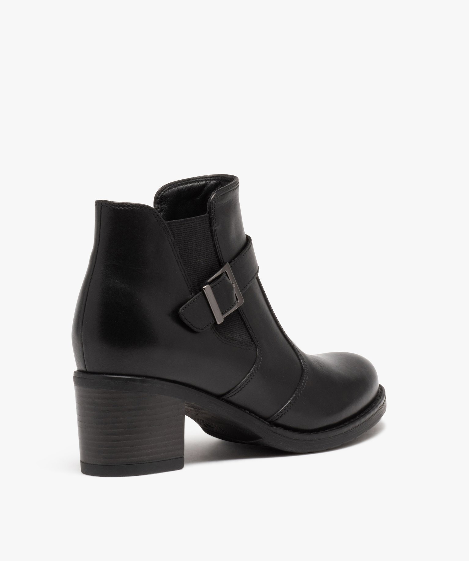 Boots femme dessus en cuir uni à talon carré noir | GEMO