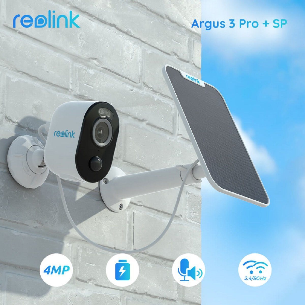 Reolink Argus 3 Pro+SP 4MP Akku- oder solarbetrieben WLAN IP Überwachungskamera (Außenbereich, Personen- und Autoerkennung, Spotlight)
