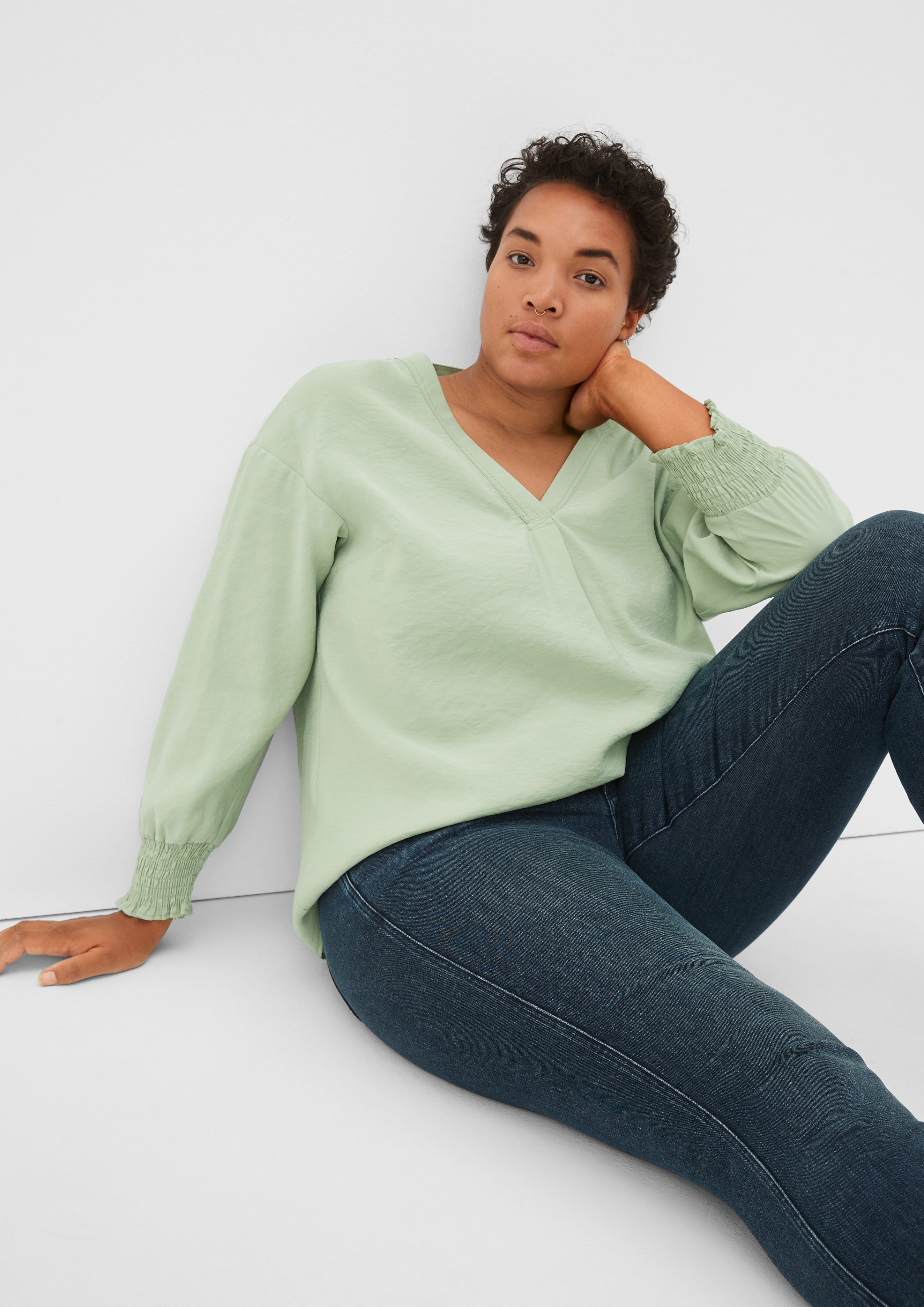 TRIANGLE Langarmbluse Bluse in Crinkle-Optik