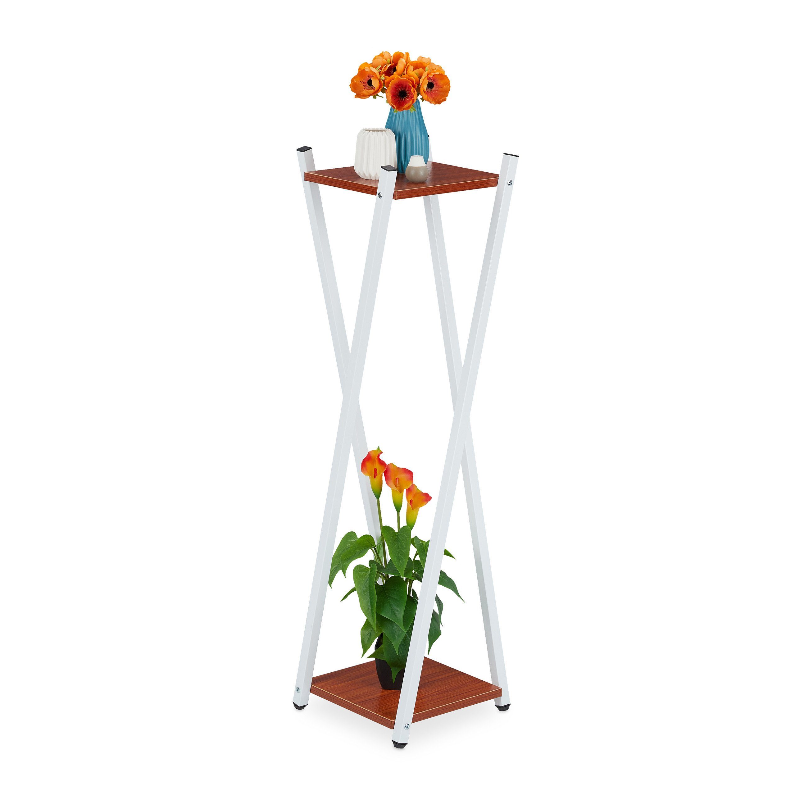 relaxdays Blumenhocker Hoher Blumenständer mit 2 Etagen, Rotbraun