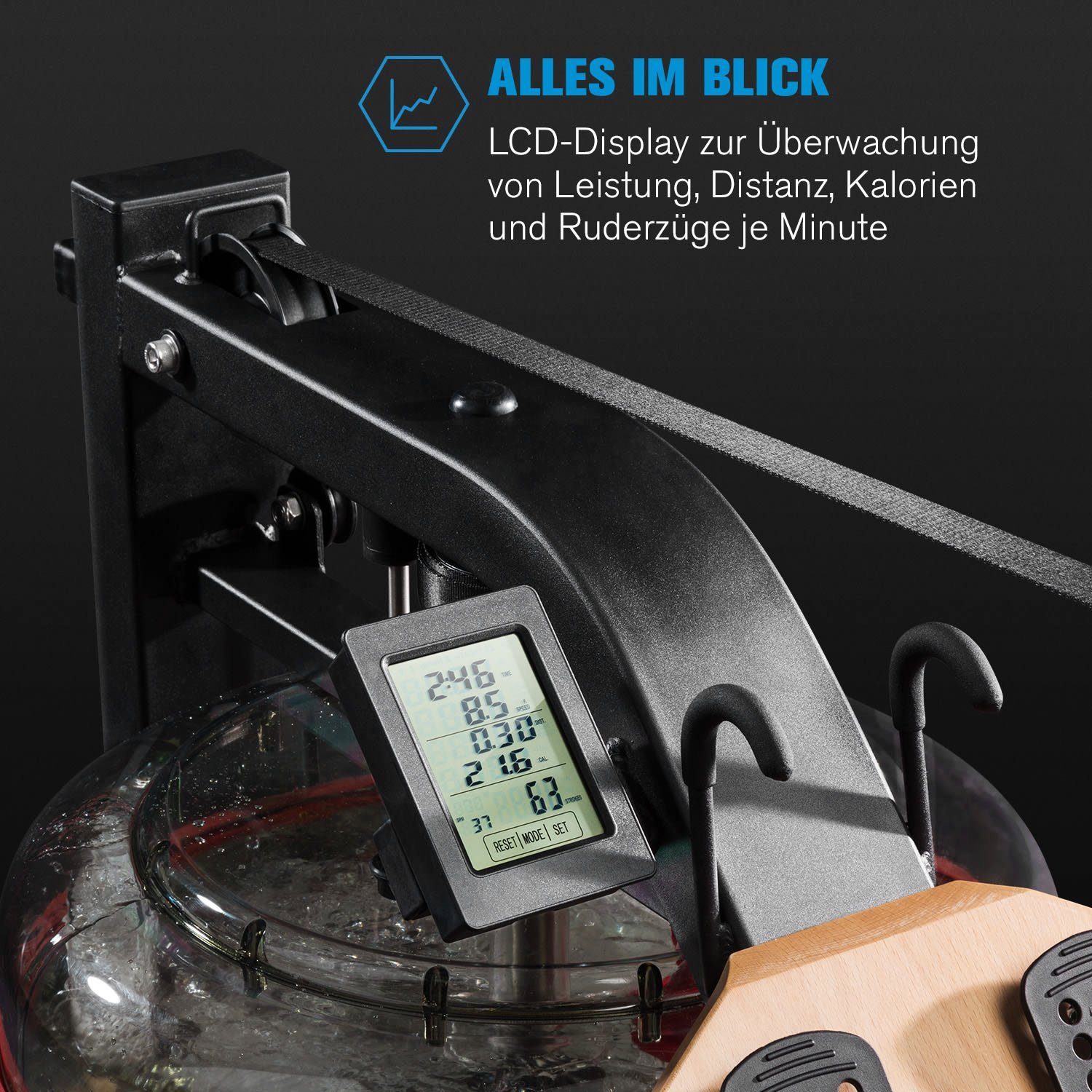 Capital Sports Rudermaschine Stoksman 2.0 Wasserrudergerät 120cm LCD-Display Buche hell