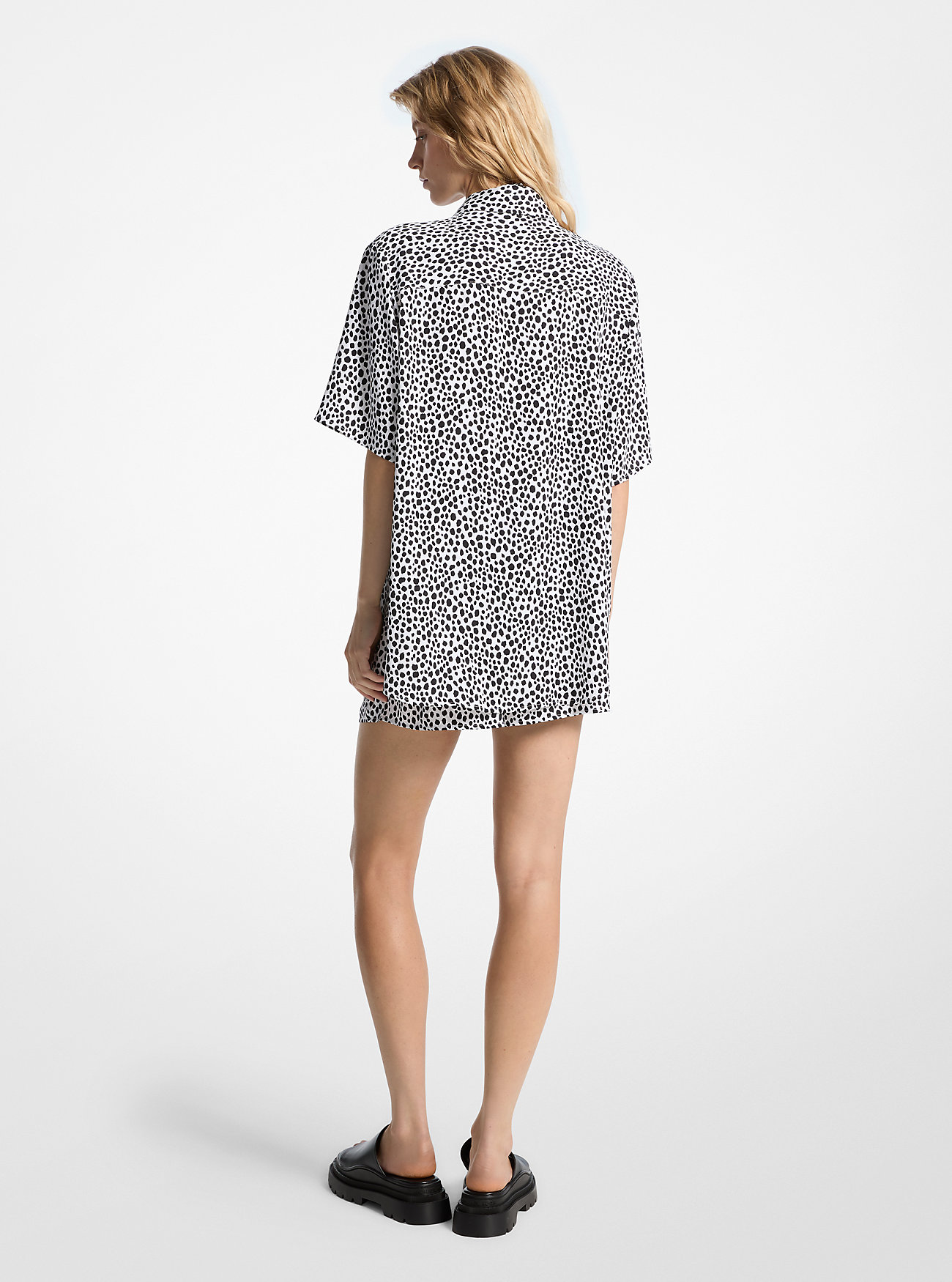 Cheetah Print Satin Camp Shirt - BLACK/WHITE