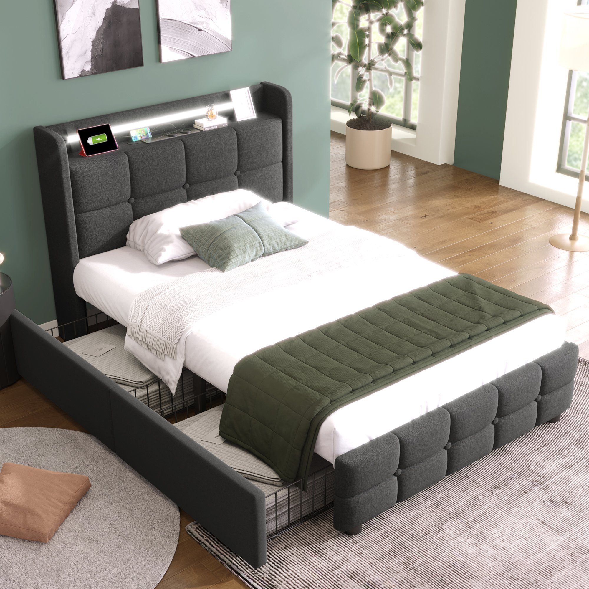 HAUSS SPLOE Polsterbett Polsterbett Doppelbett Funktionsbett Bettrahmen mit Schubladen (mit aufladen USB Ladefunktion LED-Beleuchtung und 2 Schubladen, 90 x 200 cm ohne-Matratze)