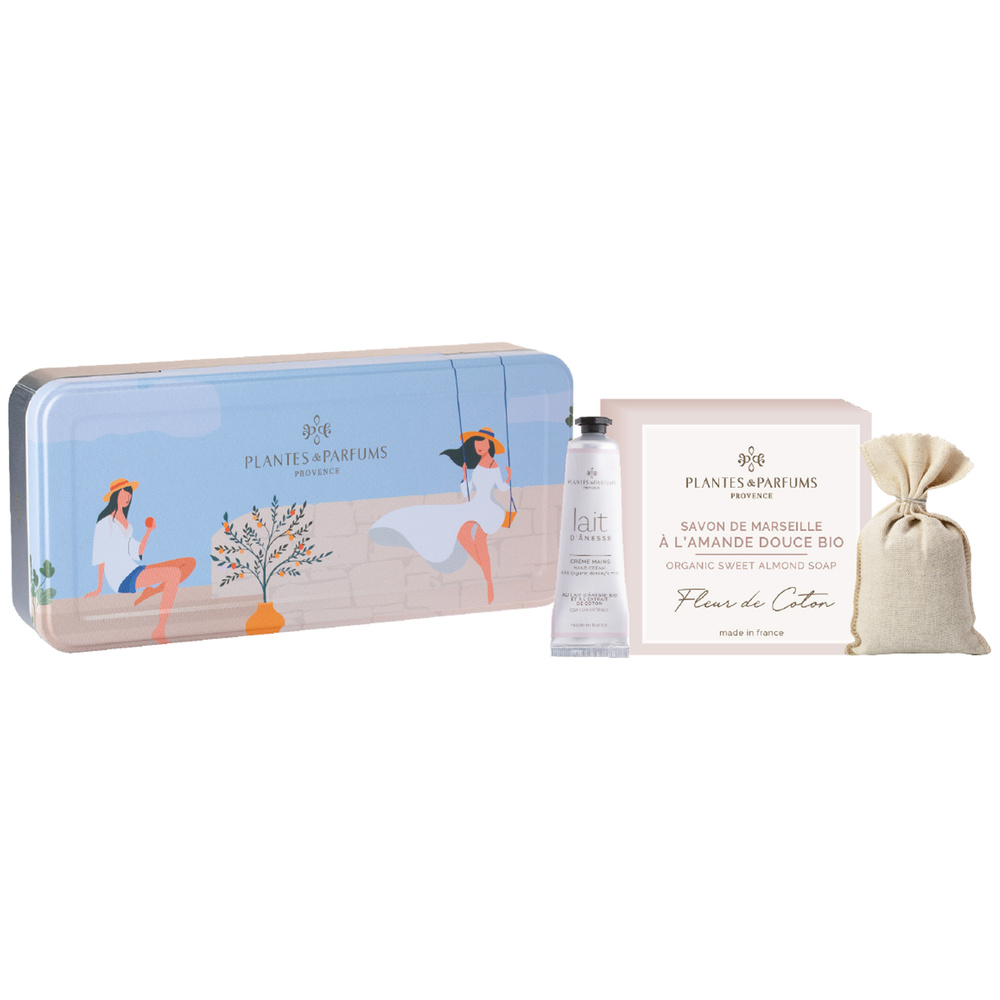 Plantes et Parfums 1 sachet Lin - Crème Mains au Lait d'Ânesse  Coton - savon Coton Boîte Métal Rectangulaire