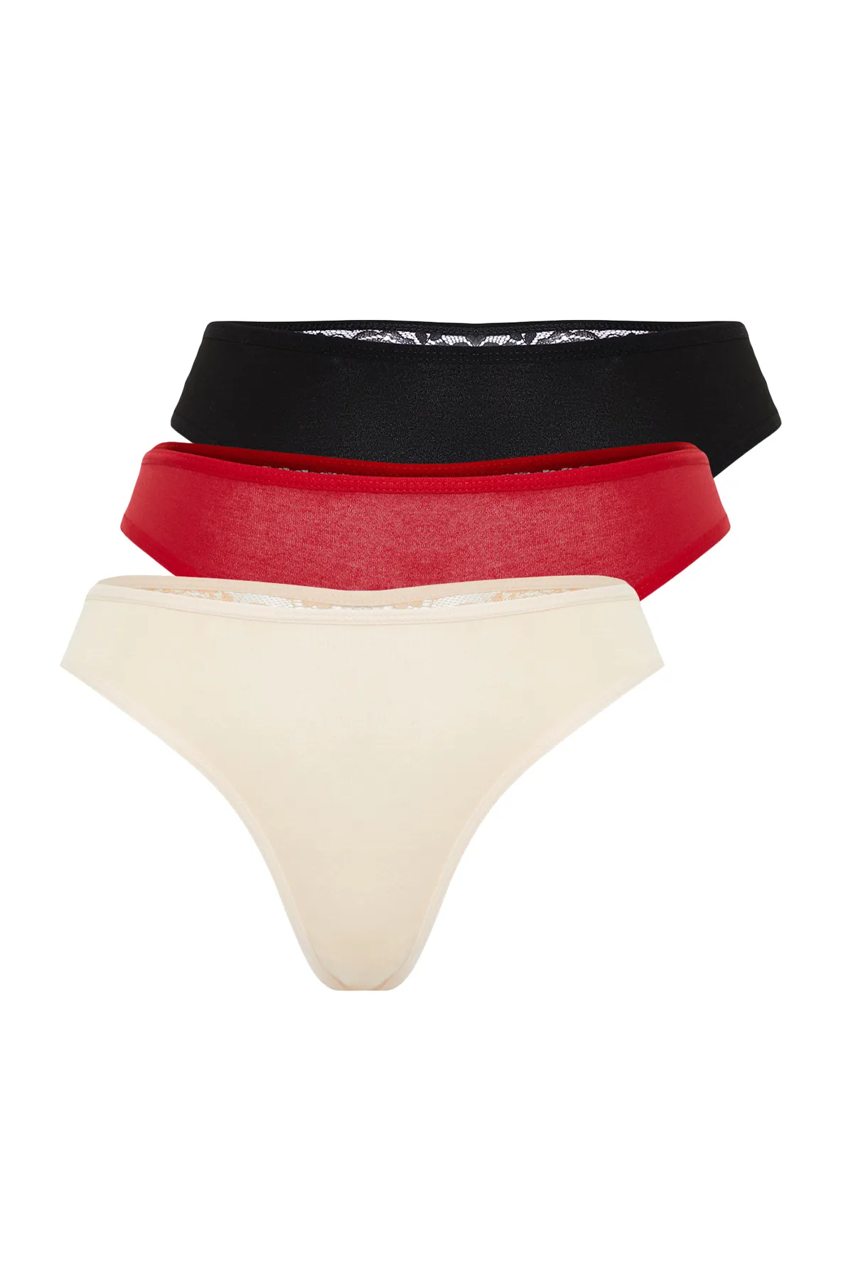 Trendyol Collection  Schwarz-Rot-Haut 3er-Pack Baumwoll-Strickhöschen mit Spitzendetail THMAW21KU0012