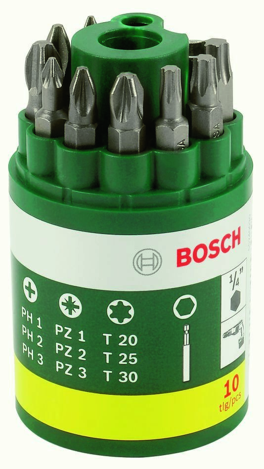 Set de biți de șurubelniță Bosch Green Accessories 2607019452, 10 piese, L = 25 mm, PH 1/2/3, PZ 1/2/3, T 20/25/30
