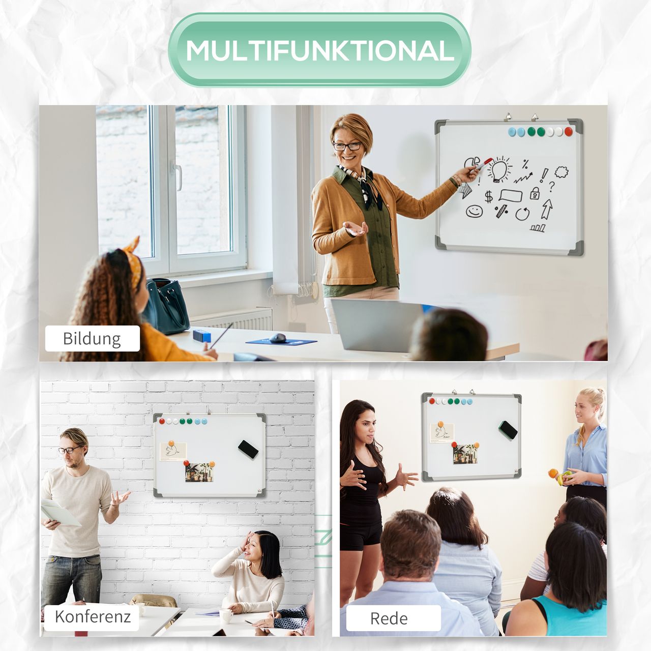 HOMCOM Whiteboard Magnetisch Magnettafel mit 4 Markern 1 Radiergummi 10 Magnet Staffelei Wandmontage leicht abwischbar 60 x 1,8 x 45 cm