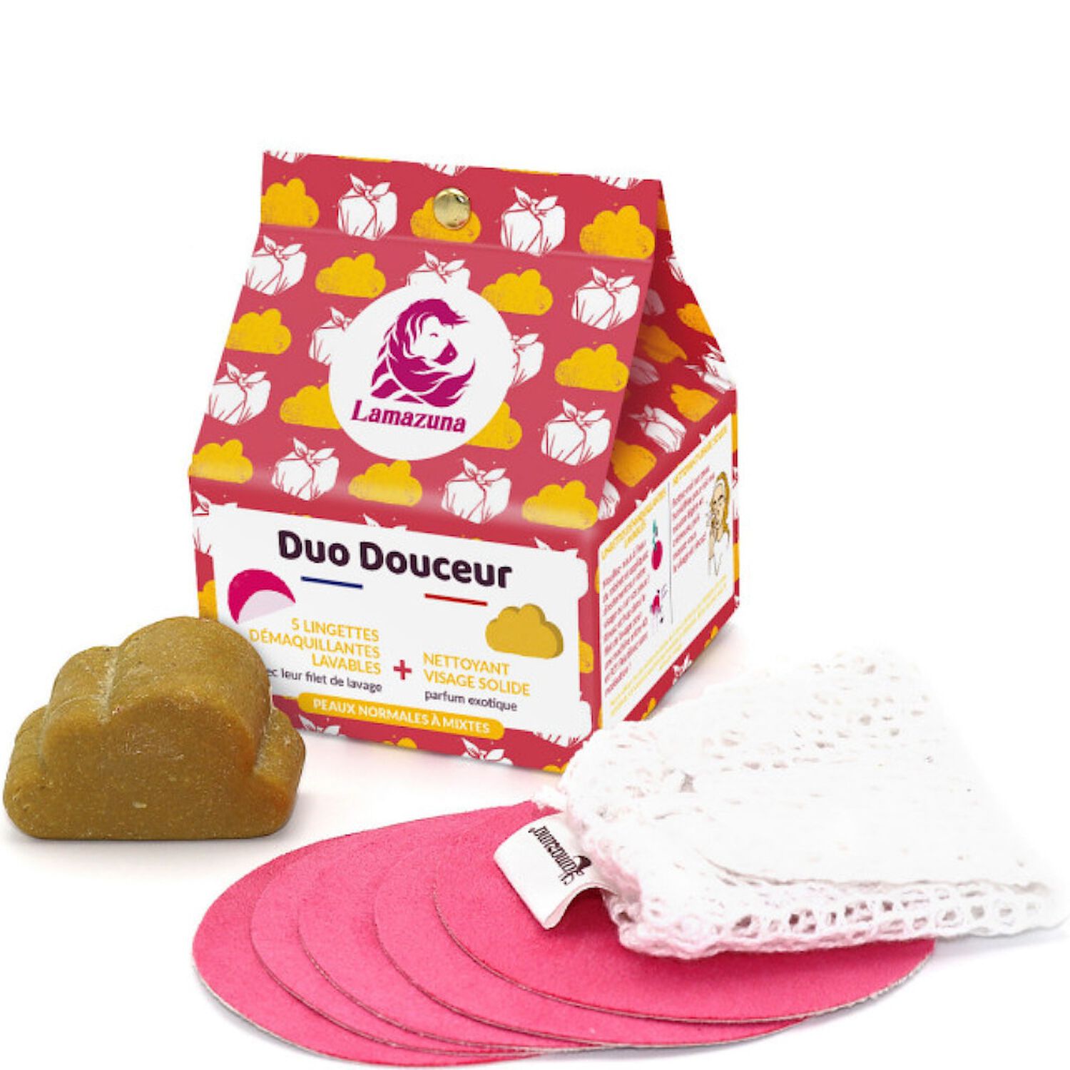 Lamazuna Duo Douceur Nettoyant Visage Solide + 5 Lingettes Démaquillantes Lavables