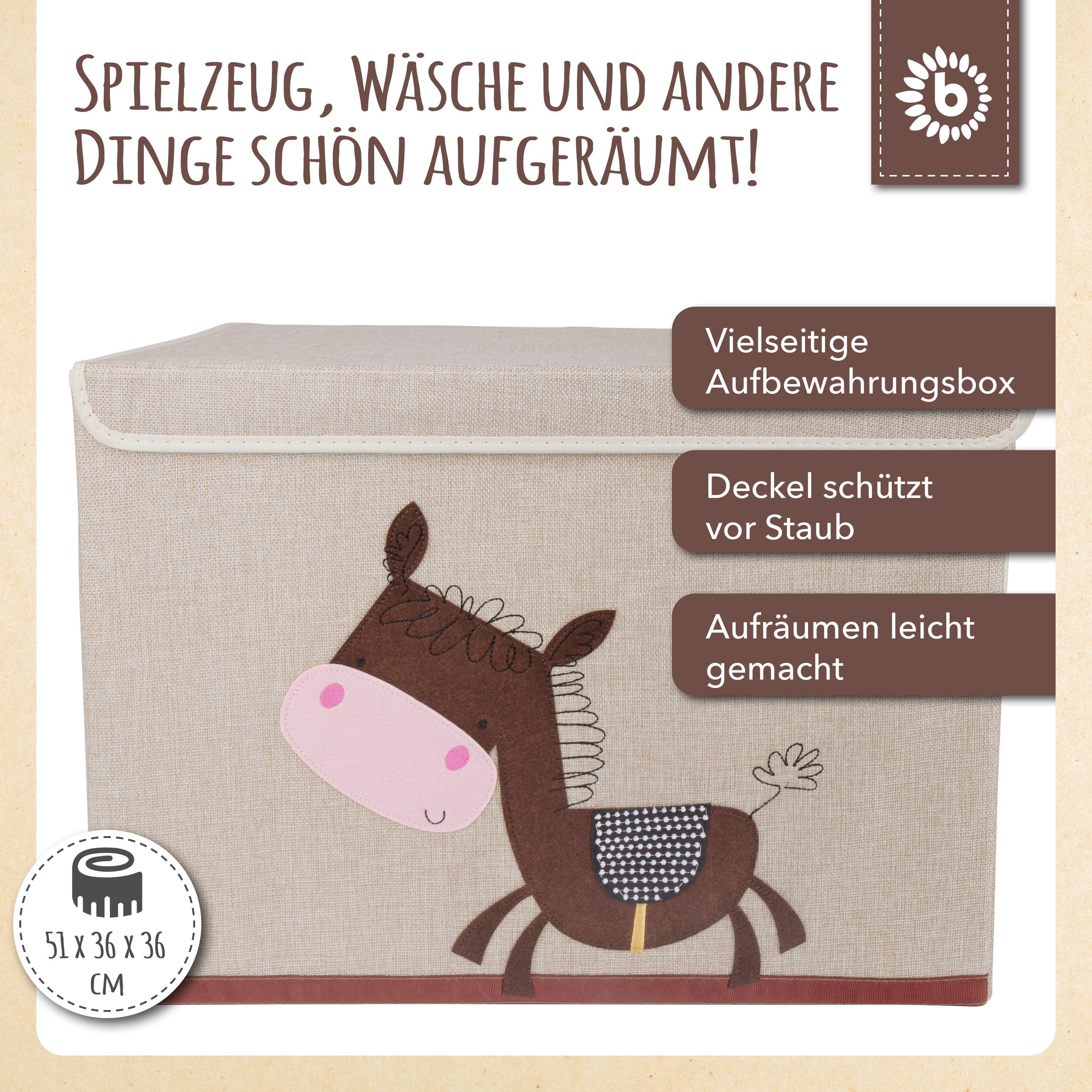 BIECO Spielzeugtruhe Bieco Aufbewahrungsbox mit Deckel 65L faltbar ca. 36x36x51cm Spielzeugkiste mit Deckel Aufbewahrungsbox Kinder Kisten mit Deckel Aufbewahrungsbox Groß Wickeltisch Organizer Esel Motiv
