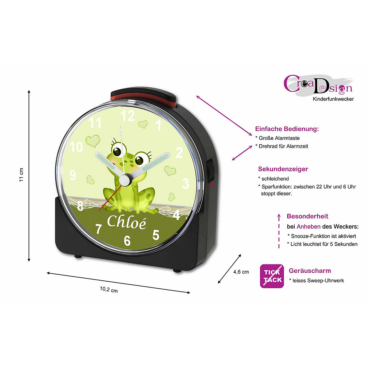 Kinder Funkwecker weiß personalisiert mit Namen Frosch