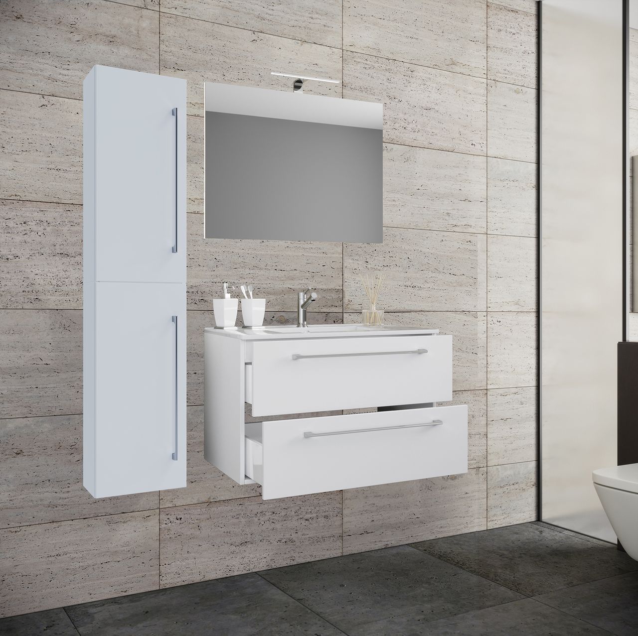 VCM Waschplatz Badinos 60 cm Spiegel & Hochschrank 4-tlg. Weiß
