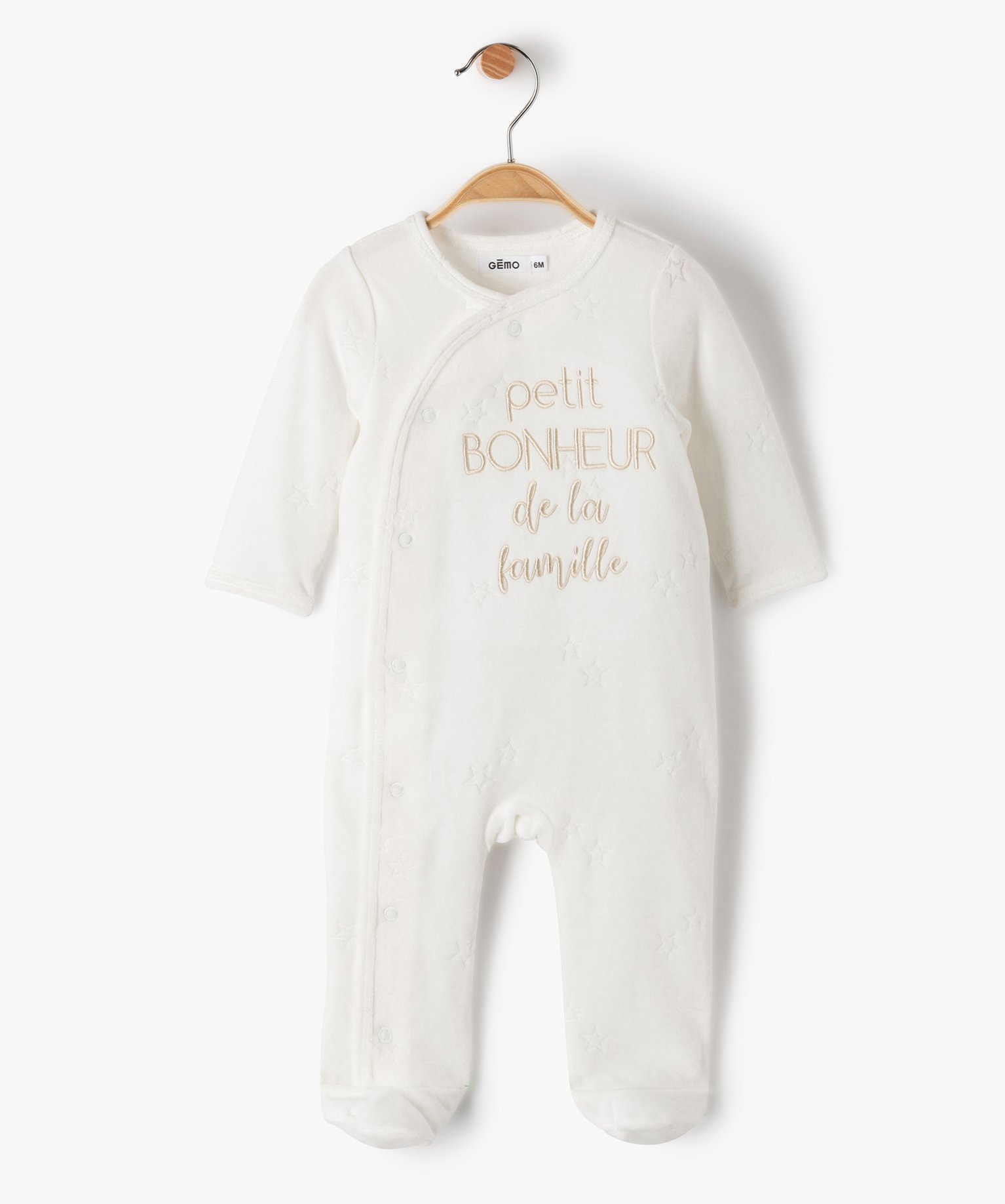 Pyjama bébé en velours avec message ouverture devant beige | GEMO