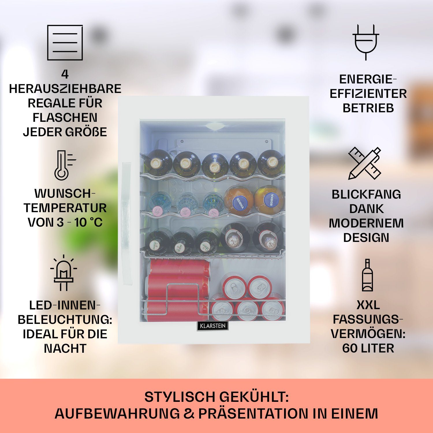 Klarstein Getränkekühlschrank HEA-Beersafe XL WG 10034929A, 63 cm hoch, 47 cm breit, Bierkühlschrank Hausbar Getränke Flaschenkühlschrank Glastür