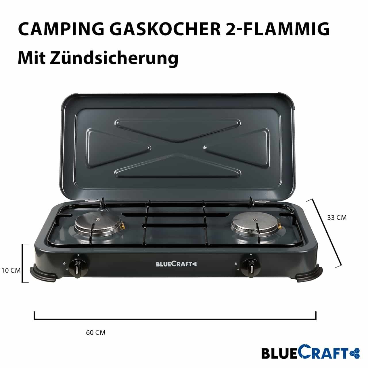 BlueCraft Gaskocher, (Gas-Kochfeld 2 flammen Propangas mit Schlauch und Druckminderer), Campingkocher 2-flammig mit Zündsicherung Gasschlauch Gasregler