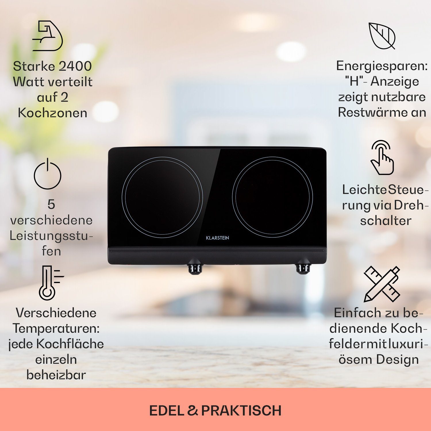 Klarstein Induktions-Kochfeld Cookbuddy Doppel-Kochfeld 2400W 5 Leistungsstufen Glaskeramik CP10-CookBuddy-BK, Kochfeld 2 Zonen Glaskeramik Elektrokochfeld