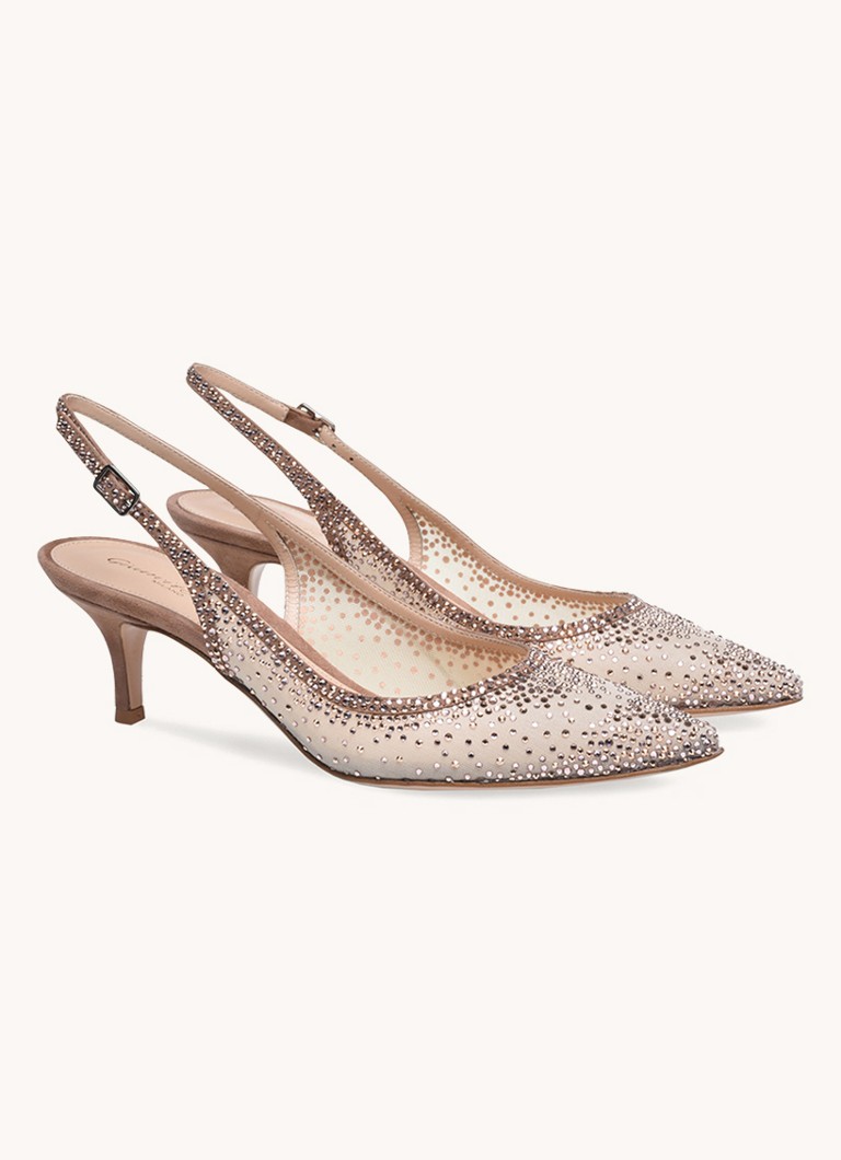 Pantofi cu toc slingback Regina din piele întoarsă cu strasuri de la Gianvito Rossi.