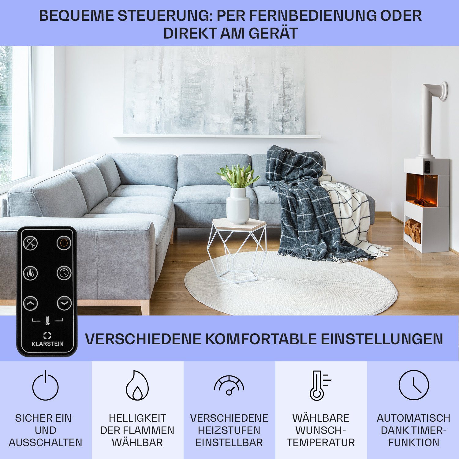 Klarstein Elektrokamin Zermatt, elektrischer Kamin mit Heizfunktion Heizlüfter elektrischer Kaminofen