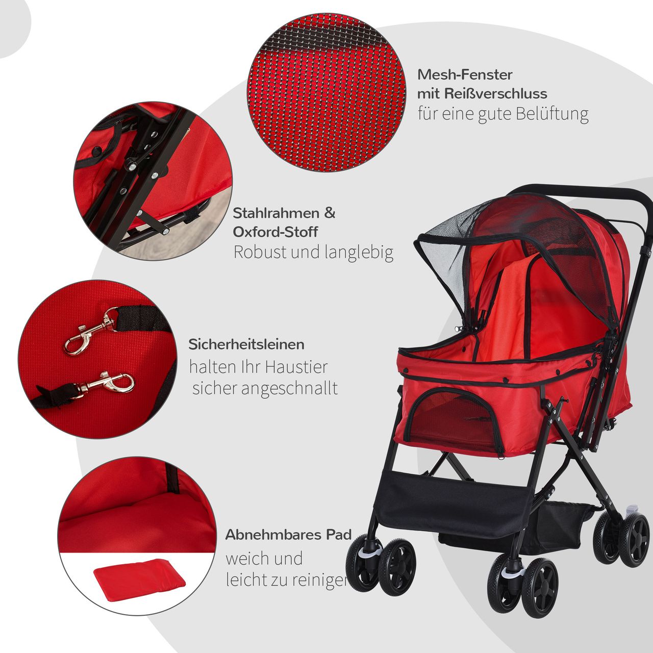 PawHut Hundebuggy Hundewagen für kleine Hunde Katzen Pet Stroller Oxford Rot
