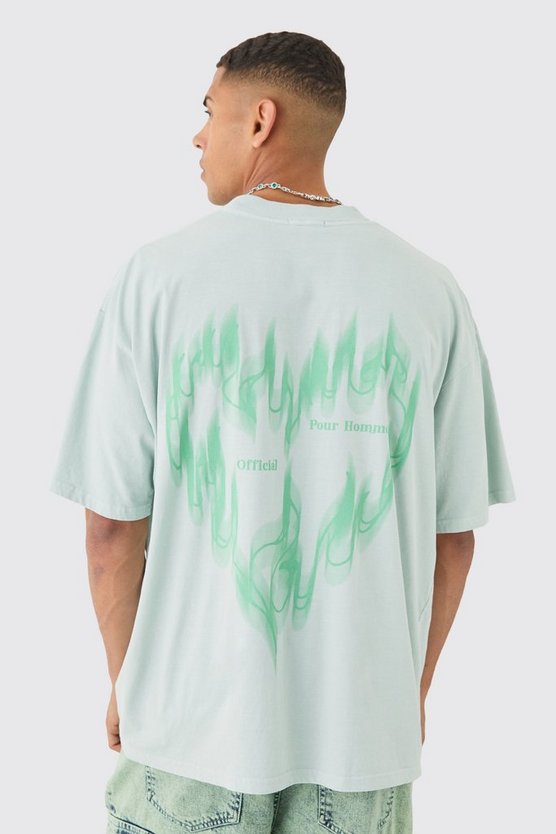 Oversized Extended Neck Wash Flame Heart Back Print T-shirt