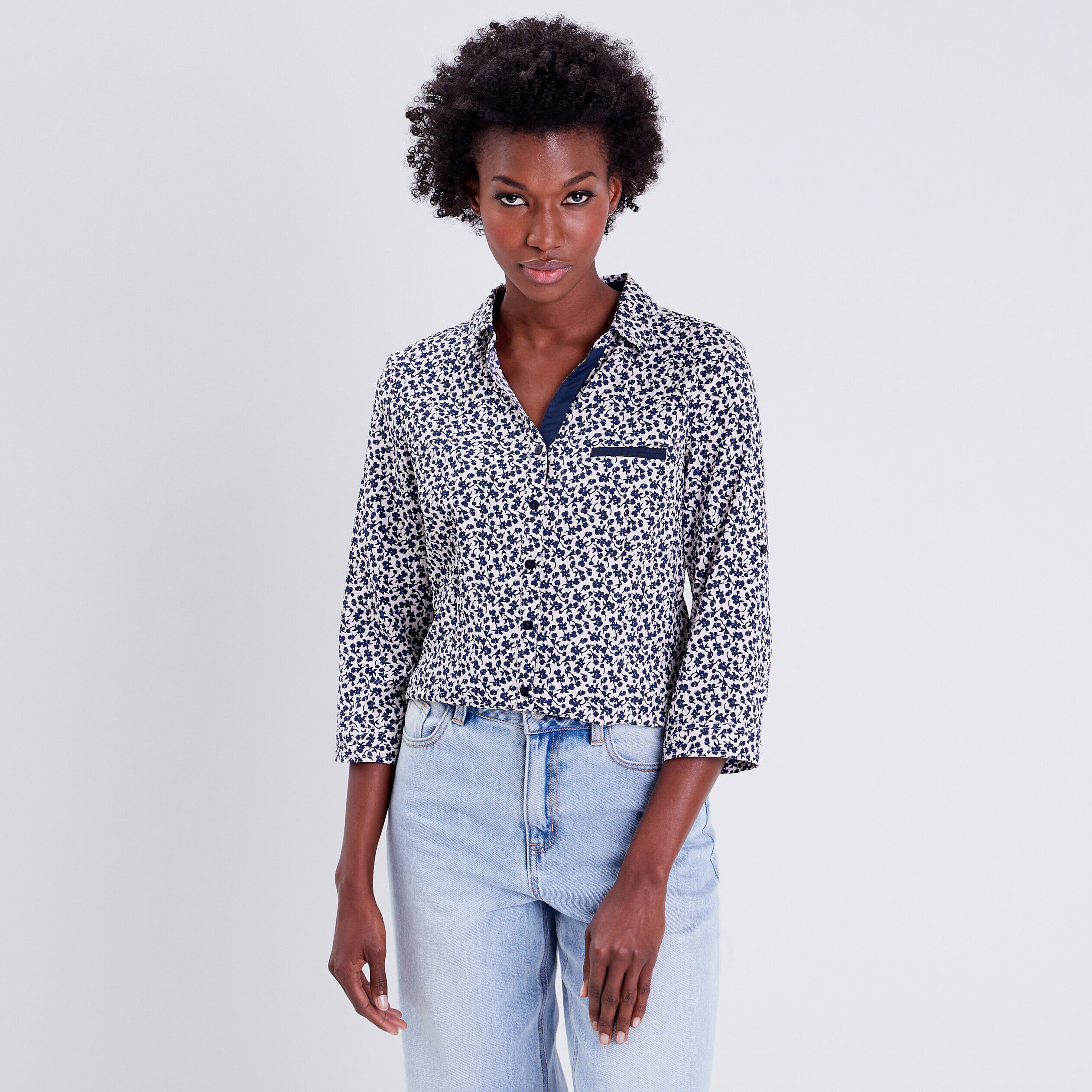 Blouse manches 3/4 bleu marine femme | Cache Cache