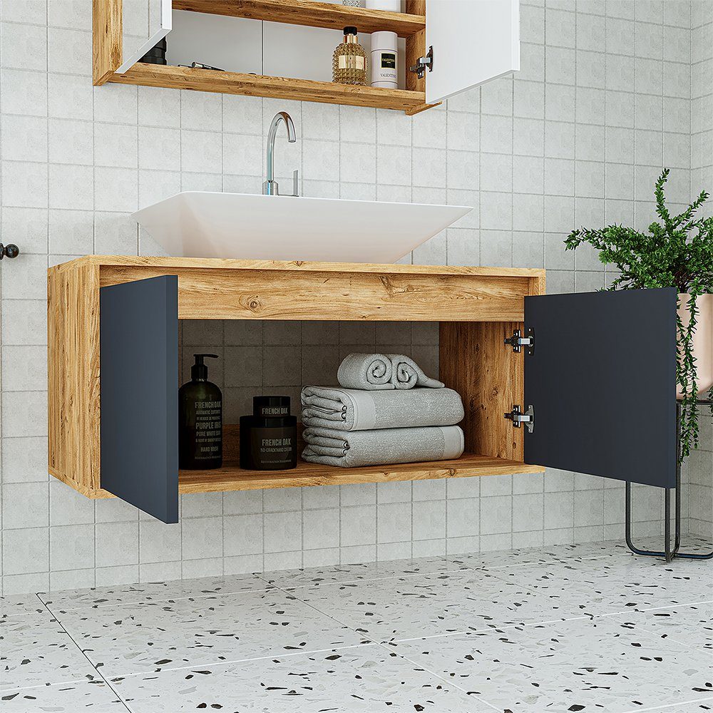 Roomart Badmöbel-Set, (Badmöbel Set 3-teilig 100cm Unterschrank mit Waschbecken Spiegelscrank)