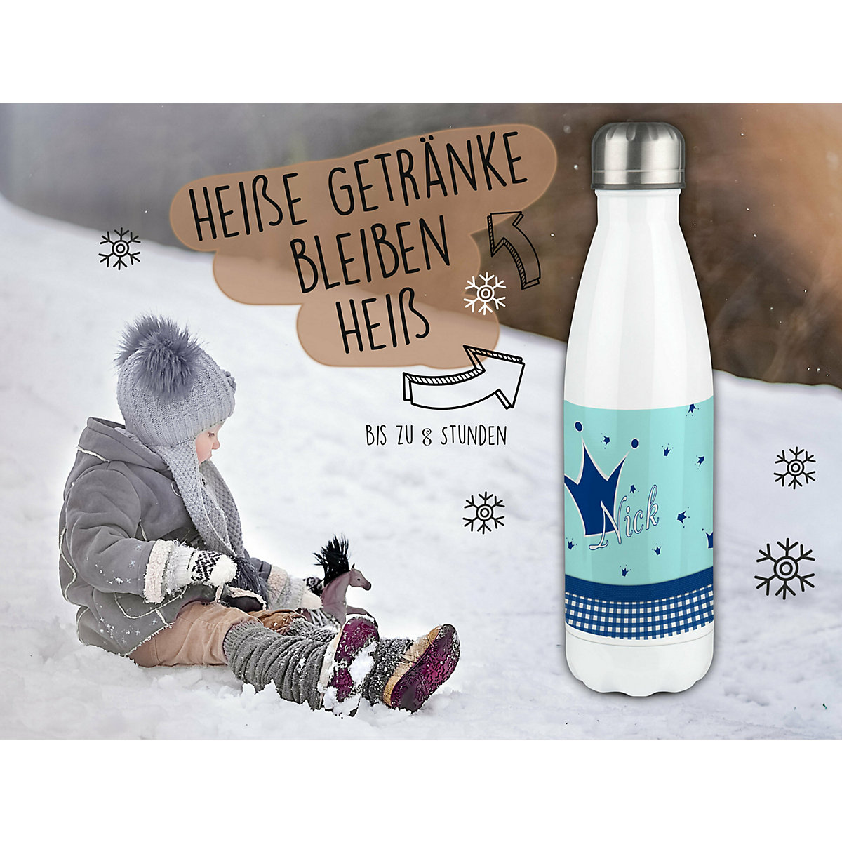 Edelstahl Kinder Thermoflasche / Trinkflasche bunt Krone Farbe hellblau blau Spülmaschinenfest, Auslaufsicher, Bruchfest, Doppelwandig, Für Heißgetränke geeignet, Mit Deckel, Isoliert