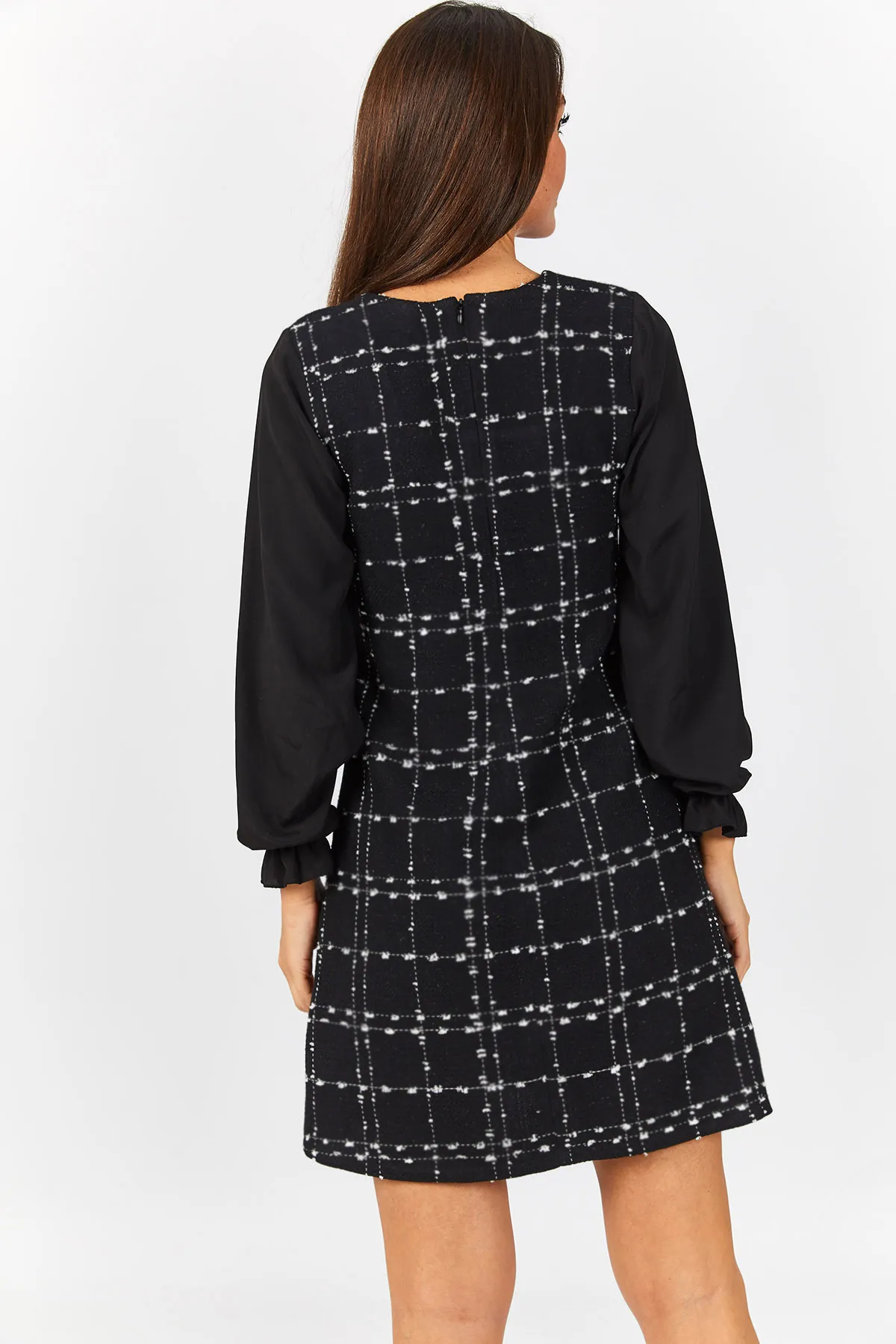 armonika  Schwarzes kariertes Damenkleid mit quadratischem Kragen und langen Ärmeln ARM-22Y001182