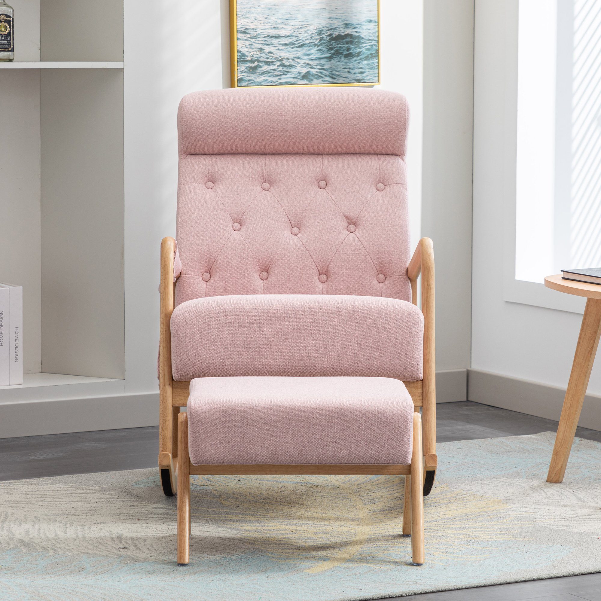 Celya Schaukelstuhl Wohnzimmer Bequemer Schaukelstuhl mit Ottomane, Hohe Rückenlehne Akzent Gleiter Schaukelstuhl, Leinen, Rosa