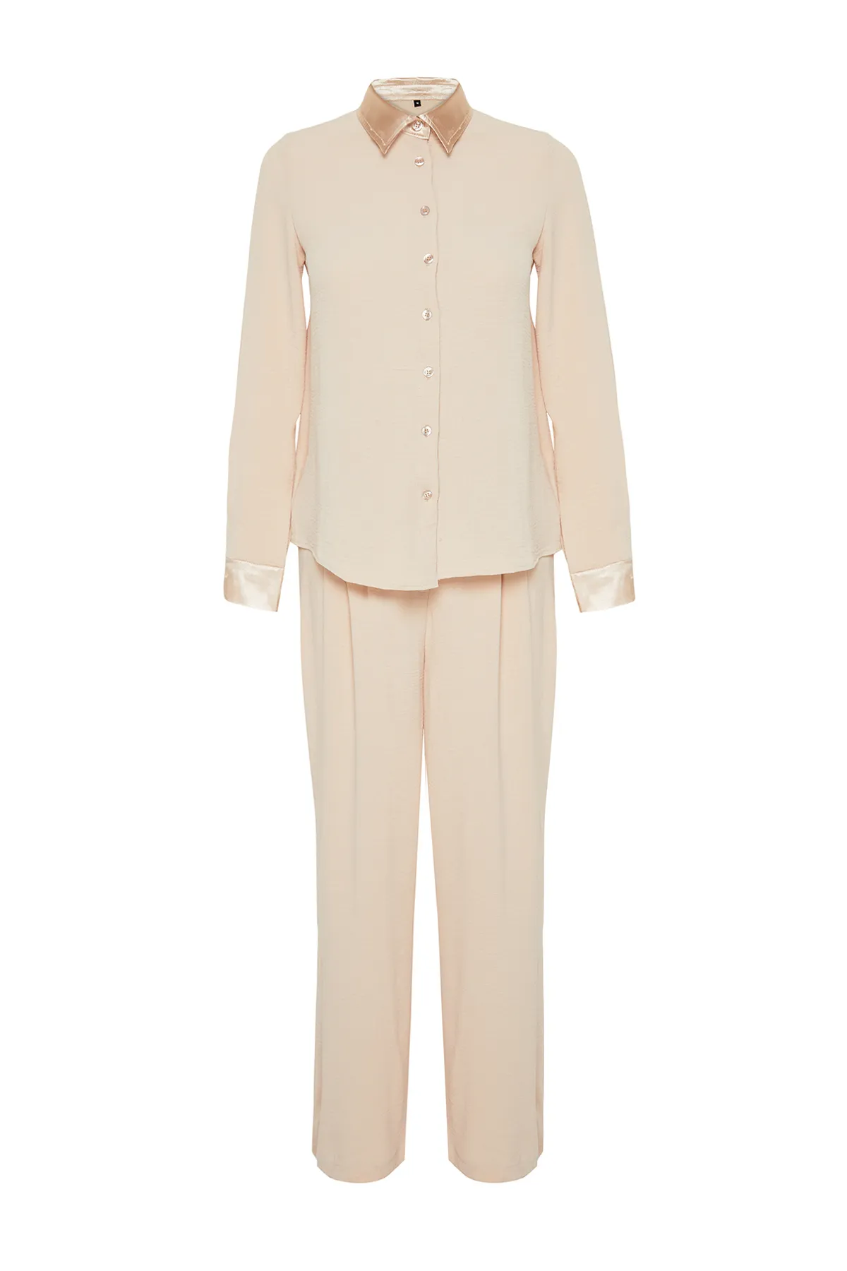 Trendyol Modest  Nerz Satin Detailliert Gewebtes Aerobin Hemd Hosen Unterteil Top Set TCTSS24US00049